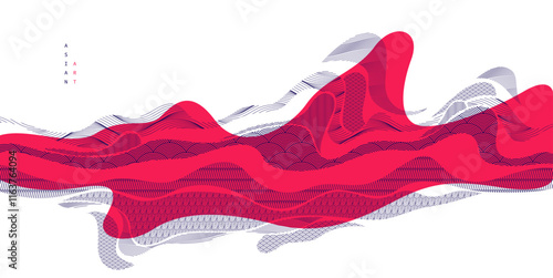 Oriental Japanese style vector abstract illustration in red color, background in Asian traditional style, wavy shapes and mountains terrain, runny like sea lines.