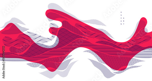 Nature art oriental Japanese style vector abstract background in red colors, runny like water shapes and lines with textures.