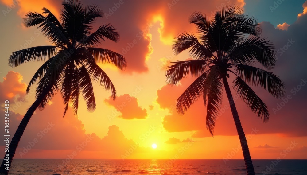 Palm trees sway gently in warm tropical breeze as sunset fades into orange hues, beach resort, serene Palm trees sway gently in warm tropical breeze as sunset fades into orange hues, beach resort, serene