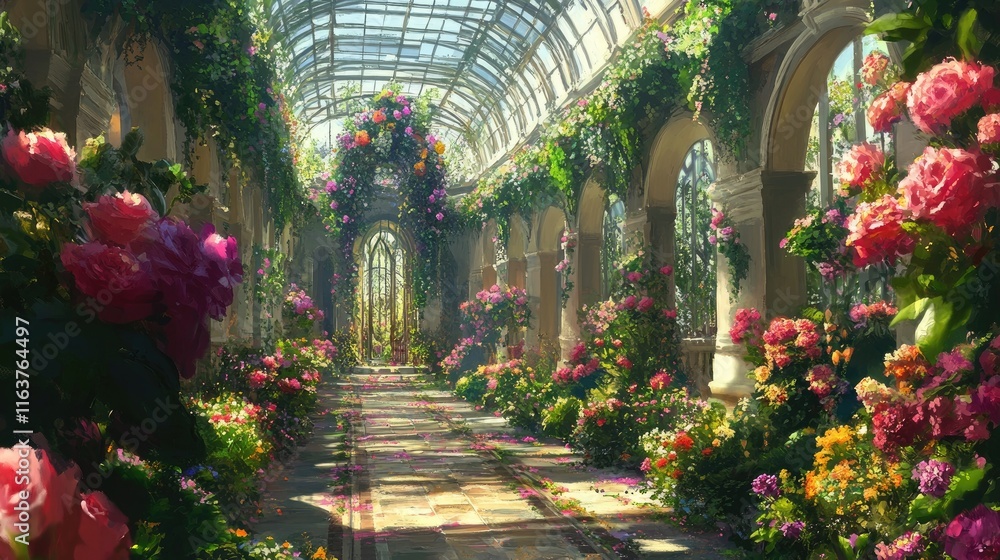 Sunlit rose garden pathway in a glasshouse. Sunlit rose garden pathway in a glasshouse.