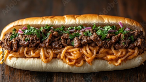 Beef and noodles sub sandwich on wooden table. photo