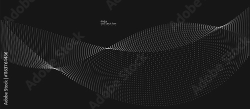 Grey abstract background, vector wave of flowing particles over black, curvy lines of dots in motion, technology and science theme, airy and ease futuristic illustration.