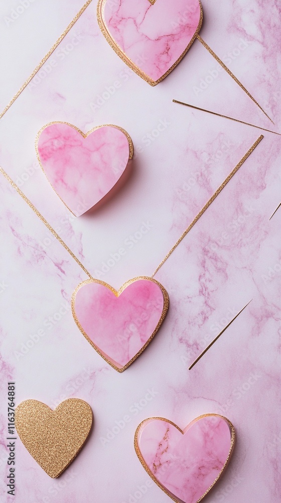 Obraz premium modern Valentine's Day concept with geometric pink and gold patterns, abstract hearts, and a minimalistic background