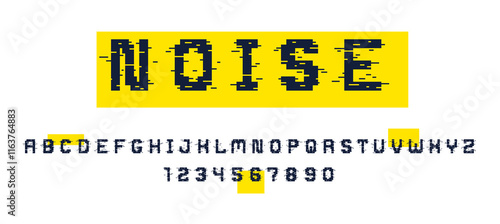 Glitch noisy geometric vector font in analog style, futuristic cyberpunk typeface with digital grunge effect, matrix typography alphabet letters and numbers.