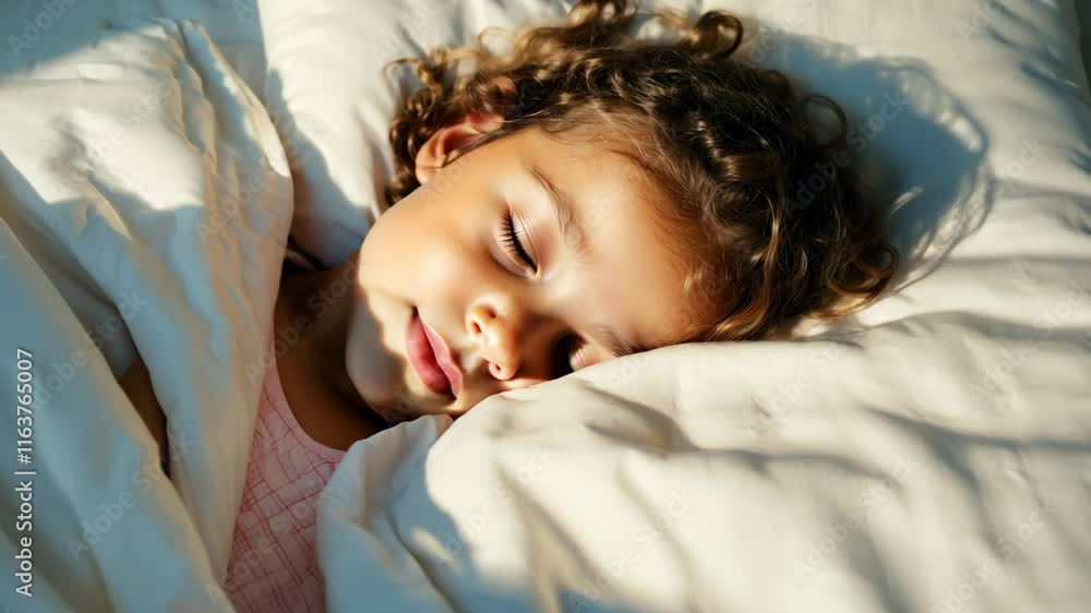 A curly-haired child peacefully sleeping on a soft beige bed with warm light filtering in. The serene moment highlights the innocence and comfort of a calm home atmosphere A curly-haired child peacefully sleeping on a soft beige bed with warm light filtering in. The serene moment highlights the innocence and comfort of a calm home atmosphere