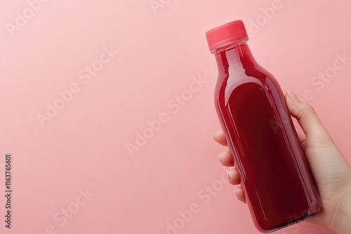 Hand holding vibrant red juice bottle against soft pink backgrou
