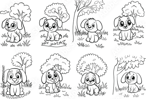 cute Dog, grass and a tree, coloring book