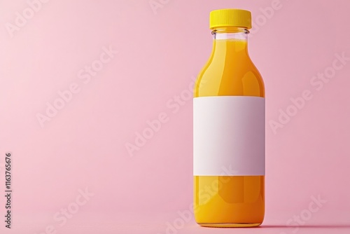 Bright yellow bottle stands against soft pink background, showca photo