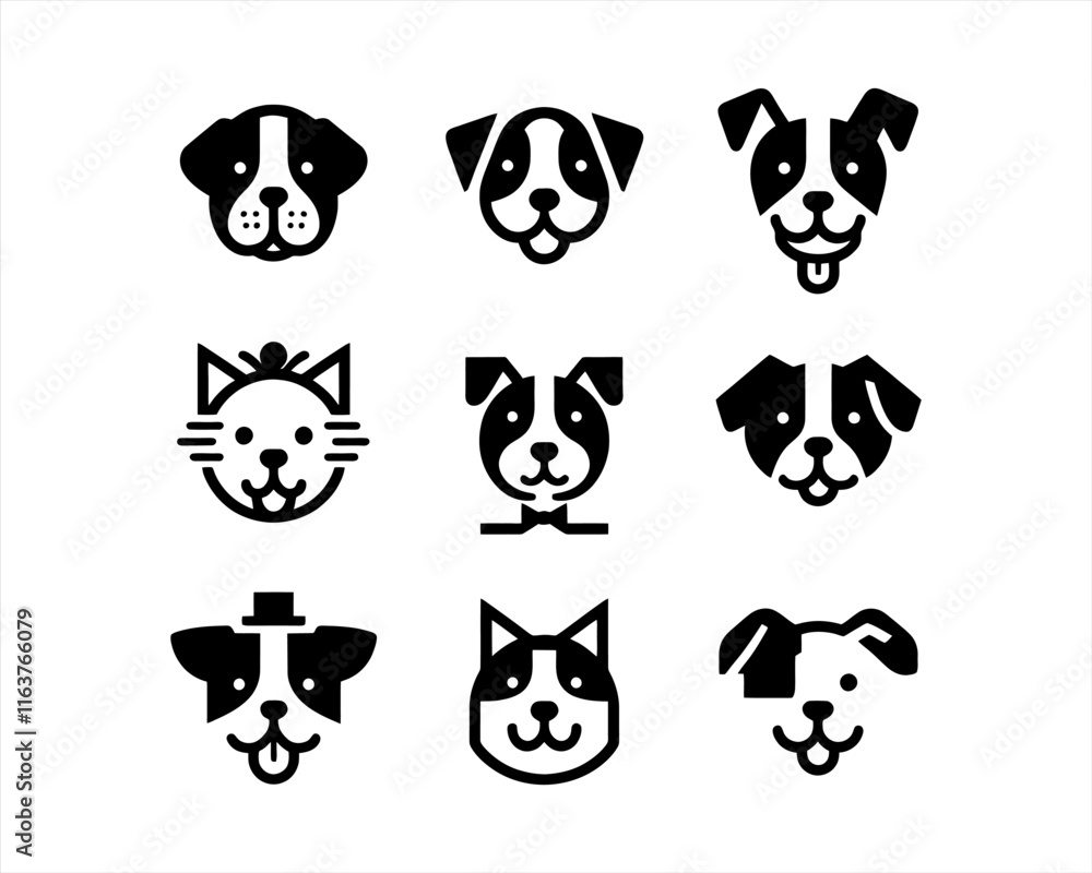 Fototapeta premium Dog head icon set. Dog flat style. silhouette vector illustration. Flat style. Cartoon dog face logo design template