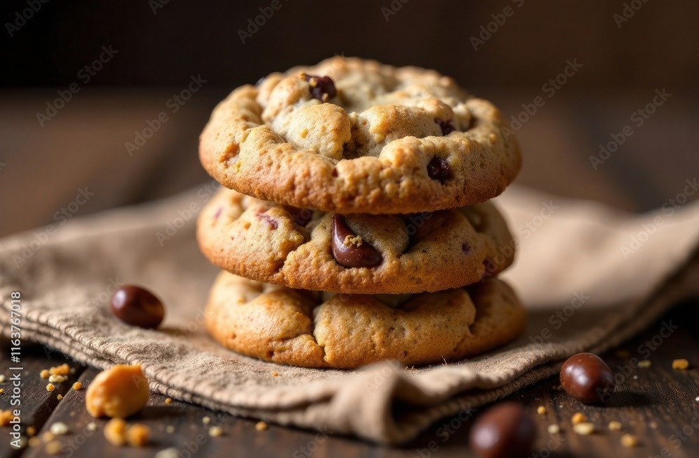 stack of delicious chocolate chip cookies on ceramic plate, resting on brown napkin on wooden table. cozy homemade dessert. tasty food, cafe menu, baking blog. stack of delicious chocolate chip cookies on ceramic plate, resting on brown napkin on wooden table. cozy homemade dessert. tasty food, cafe menu, baking blog.