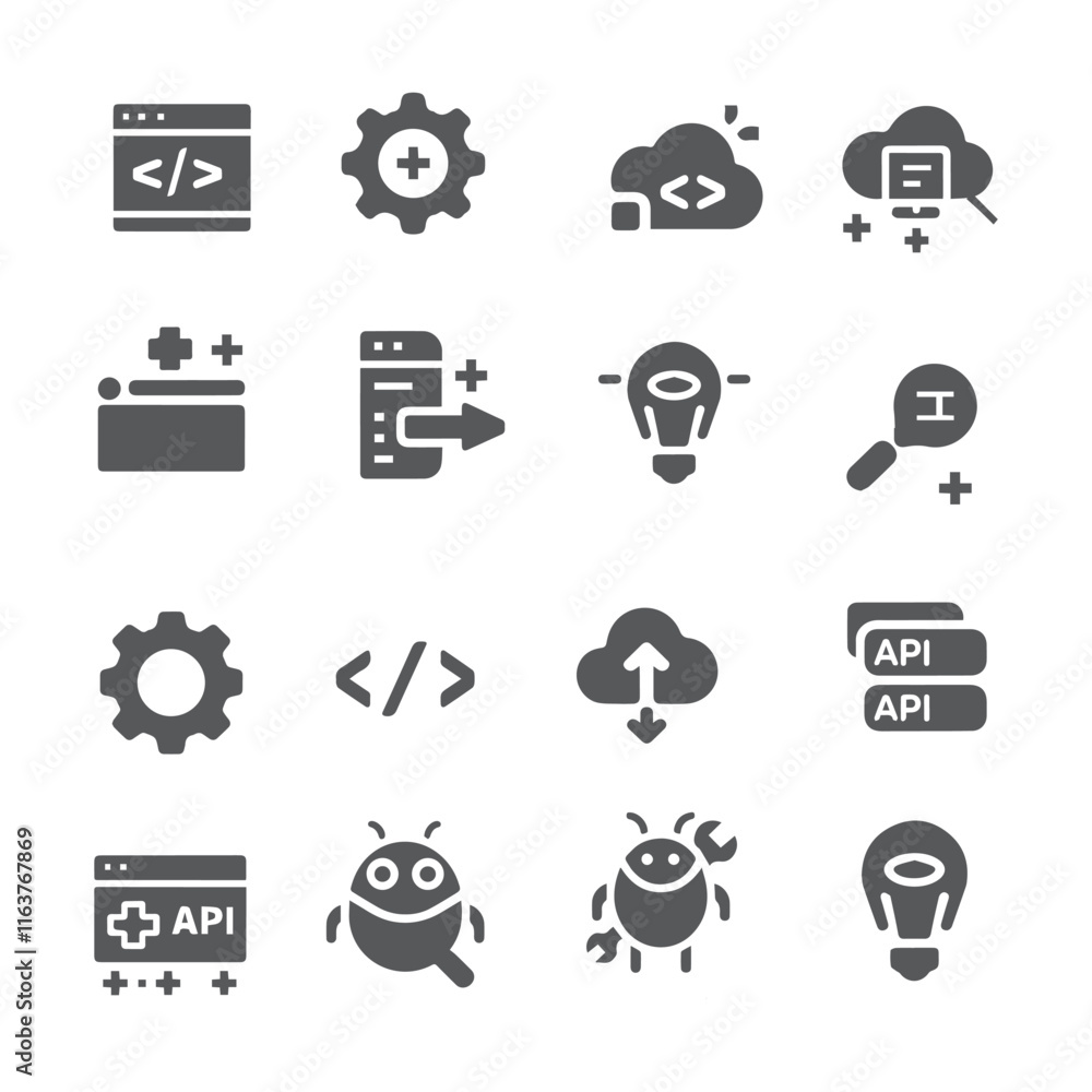 App Development Icon Set. Illustration.Minimalist black icon set of Flat-style app development App Development Icon Set. Illustration.Minimalist black icon set of Flat-style app development