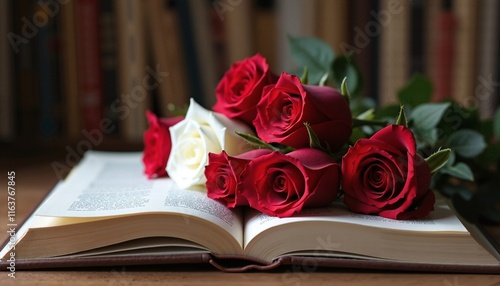 Fototapeta Naklejka Na Ścianę i Meble -  Elegant red and white roses on open book with blurred library background, romantic literature