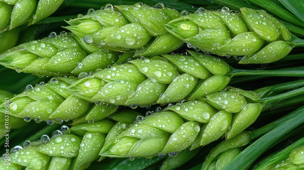 Fototapeta premium Close-up of dew-covered young wheat stalks.
