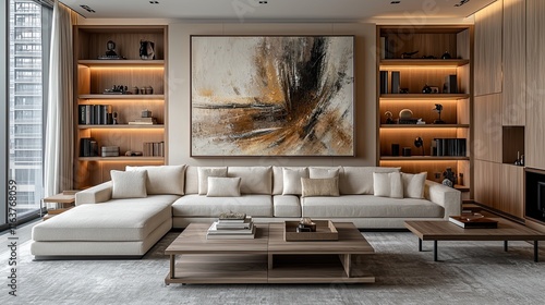 Obraz na płótnie A photorealistic living room in neutral tones with a large abstract painting on the wall w salonie