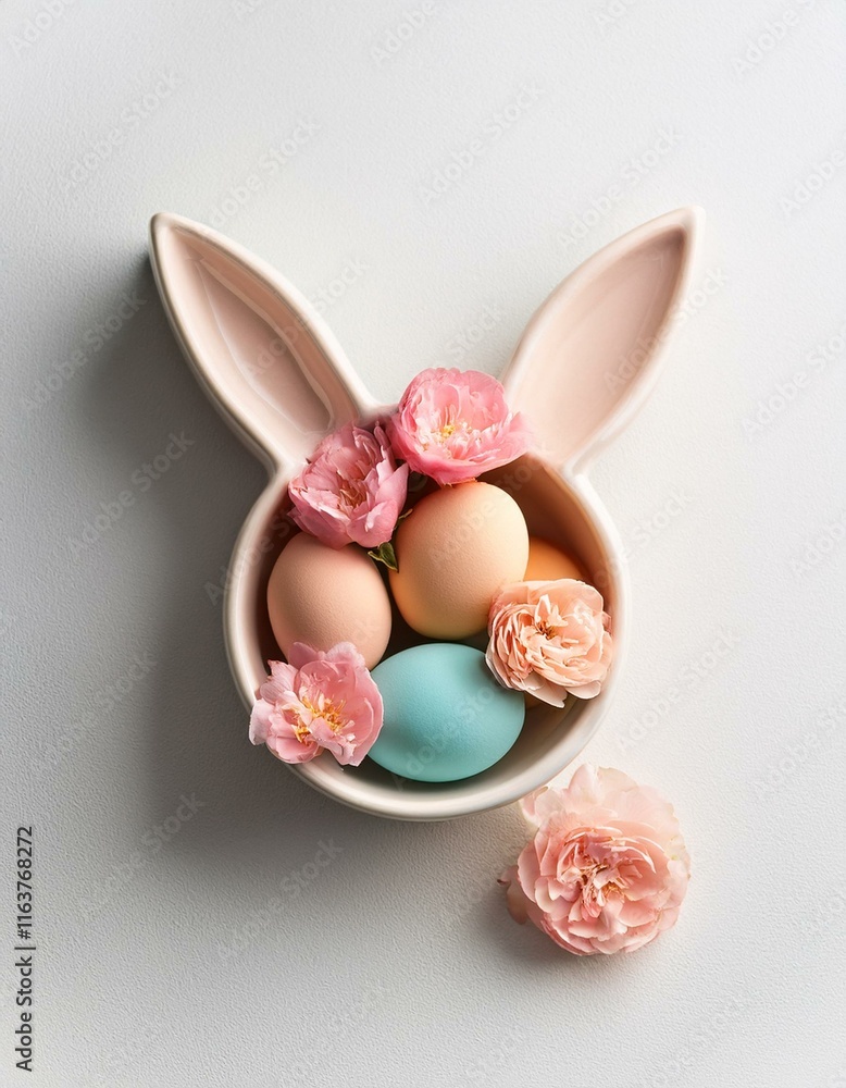 Top view of peach blossom and pastel colored Easter eggs in bowl in shape of bunny head on white background. Generated image Top view of peach blossom and pastel colored Easter eggs in bowl in shape of bunny head on white background. Generated image