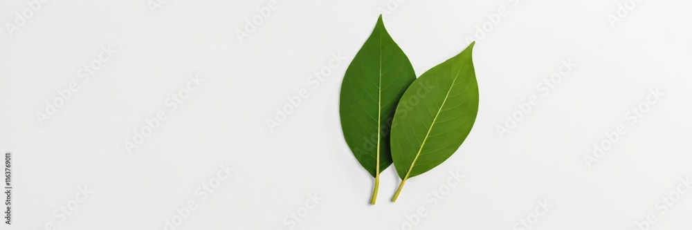 Two green leaves lay flat on white surface Two green leaves lay flat on white surface