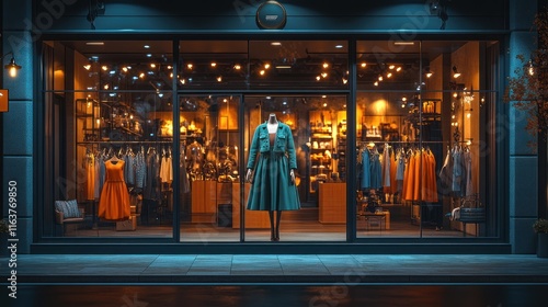 Boutique storefront at night, showcasing women's fashion.