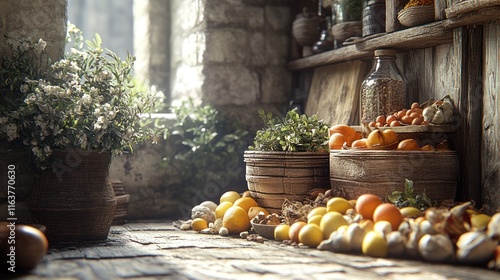 Fototapeta Naklejka Na Ścianę i Meble -  Sunlit medieval kitchen with fruits, herbs, and vegetables.