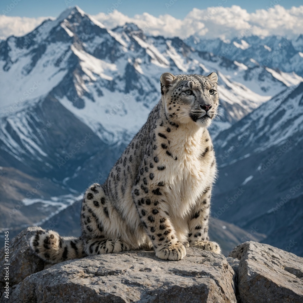 A snow leopard sitting on a rocky ledge overlooking snow-capped peaks. A snow leopard sitting on a rocky ledge overlooking snow-capped peaks.