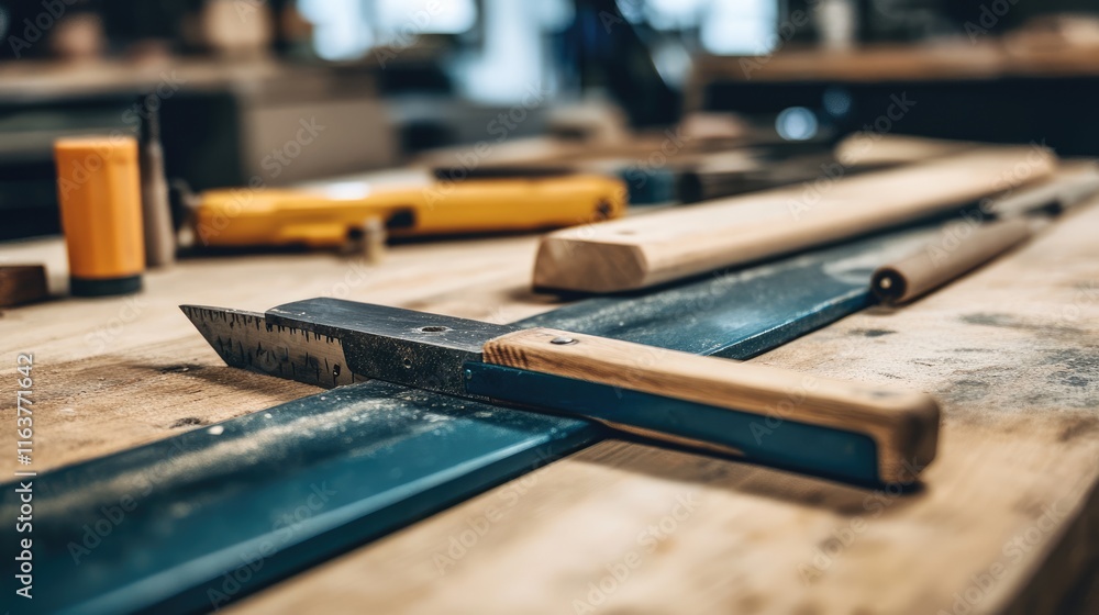 Detailed Close-Up of Woodworking Tools on a Rustic Workbench Surface Detailed Close-Up of Woodworking Tools on a Rustic Workbench Surface