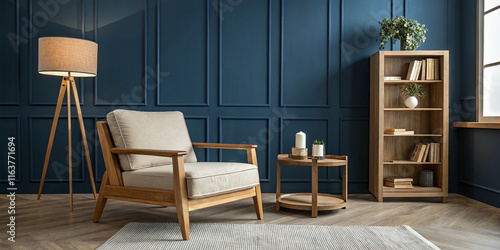 A contemporary wooden living room with a stylish arm chair set