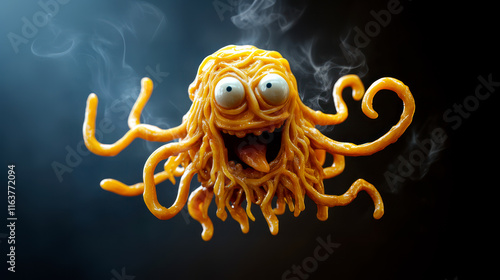 Flying spaghetti monster, symbol of pastafarian religion, atheism, on dark background photo