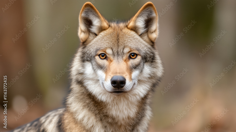 A majestic wolf with sharp eyes and detailed fur standing against a blurred natural background in the wild A majestic wolf with sharp eyes and detailed fur standing against a blurred natural background in the wild