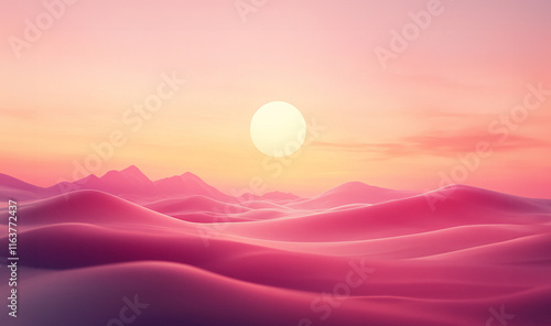 A peaceful and dreamy pink desert, with the sun in the gradient sky