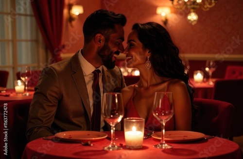 young hispanic couple shares intimate Valentine's Day dinner at warmly lit table at cozy restaurant. romantic holiday greeting card. photo