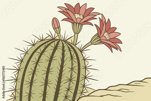 Cactus Flower: Blooming Cactus with Spines Vector Silhouette Illustration