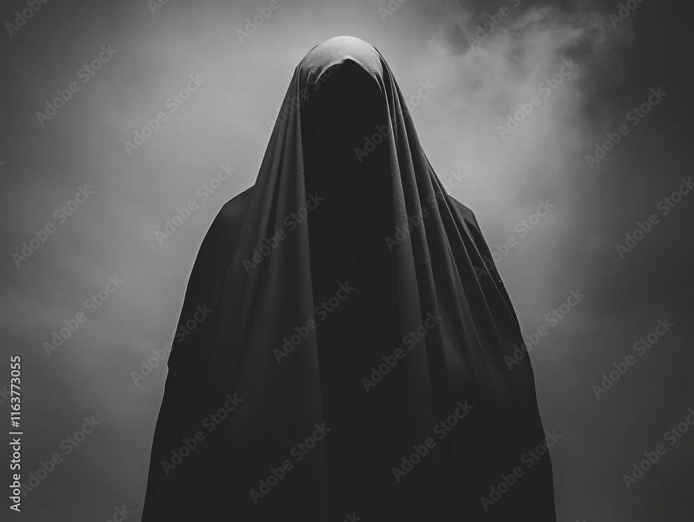 Mysterious figure shrouded in darkness, hidden identity, ominous presence, black cloak, foggy background. Perfect for mystery, thriller, or horror themes. Mysterious figure shrouded in darkness, hidden identity, ominous presence, black cloak, foggy background. Perfect for mystery, thriller, or horror themes.