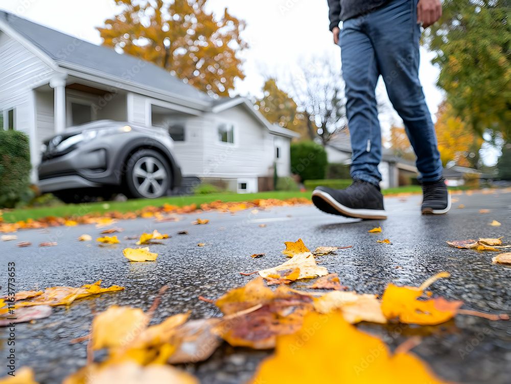Man walking on a street covered with autumn leaves. Man walking on a street covered with autumn leaves.
