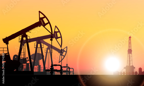 Pumpjack. Land crude oil drilling rig, derrick. Oil field, pump jack. Background colorful sunset sky. Onshore production, industry, business. Silhouette, horizon, desert, sun. Vector illustration