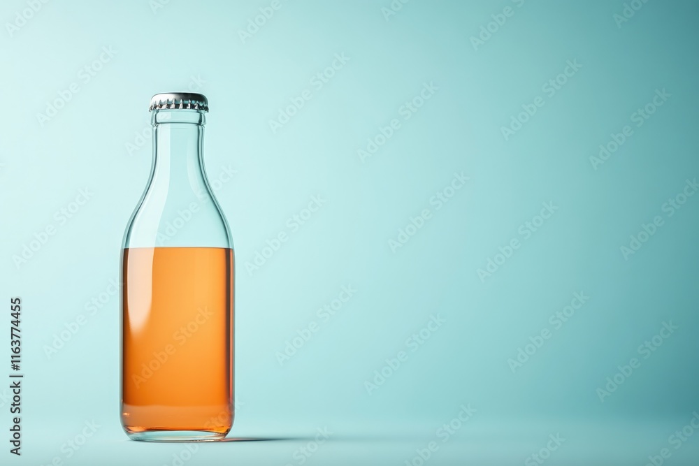Sleek bottle filled with amber liquid against soft pastel backgr Sleek bottle filled with amber liquid against soft pastel backgr