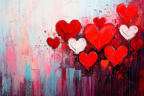 Kunstvolle Karte mit roten, rosafarbenen und weißen Herzen auf einem Hintergrund aus Pinselstrichen, Ölgemälde mit Herzen, Karte zum Valentinstag, Hochzeit, Verlobung, Freundschaft und Liebe