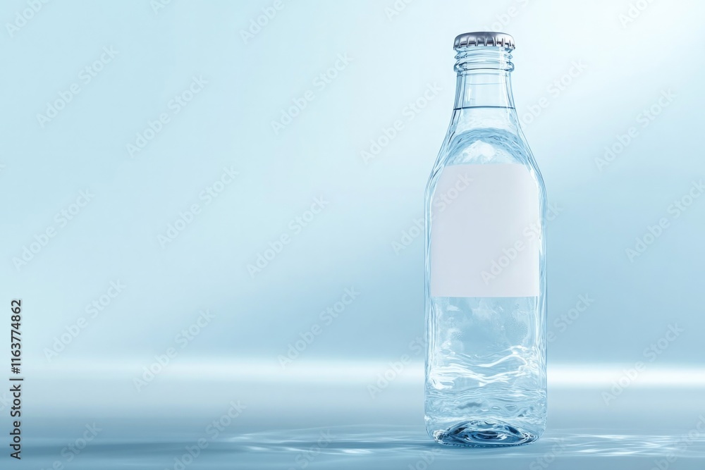 Sleek glass bottle filled with clear water against soft blue bac Sleek glass bottle filled with clear water against soft blue bac