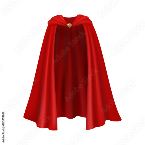 Superhero red cape flowing and flying cloth, rescue covering of magician, front view. Vector scarlet fabric silk cloak, carnival vampire satin clothes, mantle costume, magic cartoon cover