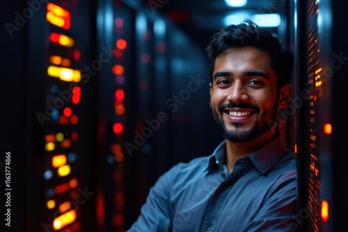  portrait of a smiling senior Maldivian male IT worker looking at the camera, against dark server room  background.