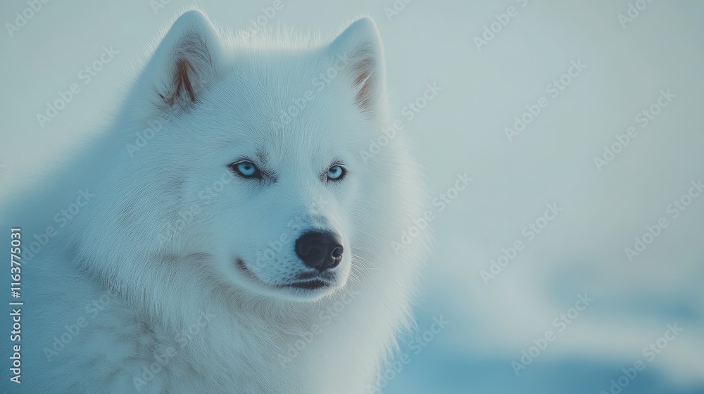Fototapeta premium A close-up of a majestic white wolf with striking blue eyes against a snowy background.