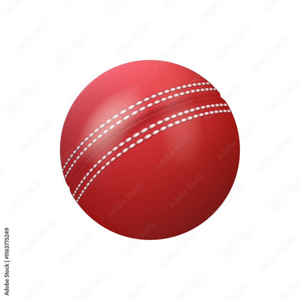 Red cricket ball in realistic style, summer team sport equipment, 3d vector illustration. Vector sphere cricket ball with white stitch, tournament or competition playing equipment, baseball object Red cricket ball in realistic style, summer team sport equipment, 3d vector illustration. Vector sphere cricket ball with white stitch, tournament or competition playing equipment, baseball object