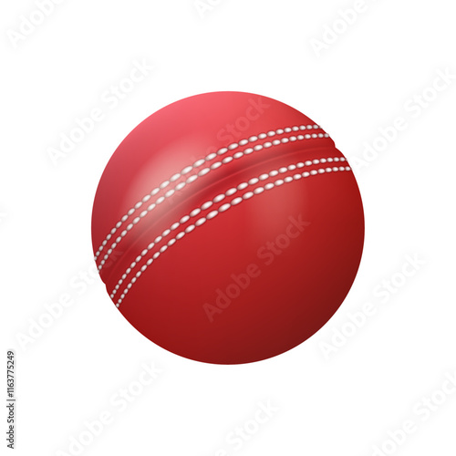 Red cricket ball in realistic style, summer team sport equipment, 3d vector illustration. Vector sphere cricket ball with white stitch, tournament or competition playing equipment, baseball object