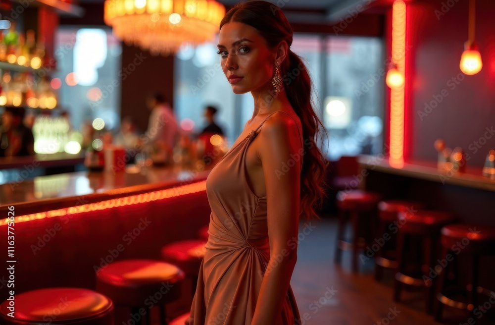 model in mocha mousse cocktail dress with glowing lights in background. elegant woman in sparkling gown at trendy bar. nightlife, fashion campaign, lifestyle. model in mocha mousse cocktail dress with glowing lights in background. elegant woman in sparkling gown at trendy bar. nightlife, fashion campaign, lifestyle.