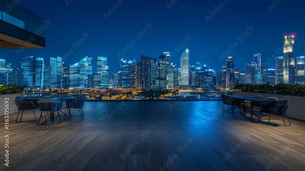Obraz premium Terrace on rooftop with city view at night. Empty patio on roof or balcony with railing on background of cityscape with modern buildings and skyscrapers. Vector cartoon house terrace in town