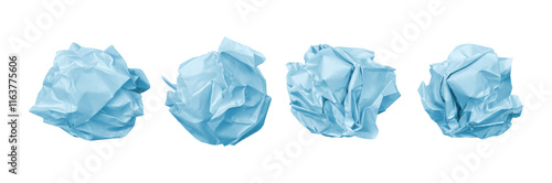 Wrinkled and crumpled paper ball, isolated damaged blue sheet. Vector wrinkly paperwork, wastepaper or document folded for recycling bin. Realistic eco material rubbish, crinkle and crumbled