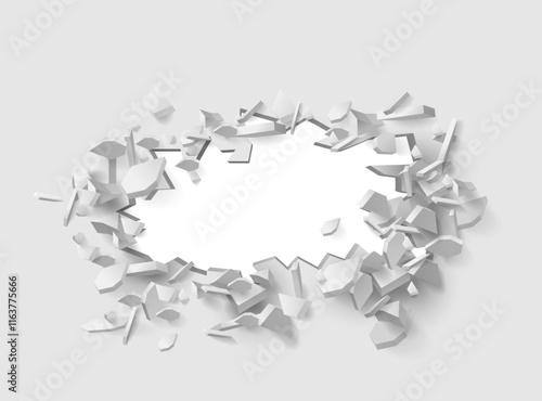 Hole in wall, isolated realistic broken effect with falling plaster and bricks, cracks and fractures of barrier. Vector crashed or demolished panel revealing copy space empty place or breach