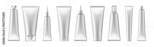 Glossy empty plastic tubes for cosmetics products. Vector isolated set of containers with caps and copy space, mockup packaging for skincare and pastes. Blank pack with lid to close and open