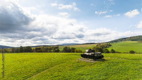 Tanks on Death Valley battlefield or Udolie Smrti in Slovakia, aerial drone view photo