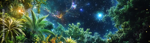 Surreal nighttime scene of lush tropical jungle under a vibrant starry sky. Mystical, dreamlike landscape. photo