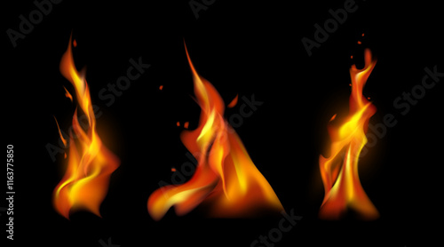 Realistic flaming hot fire, glowing flare flaming explosions on black background. Vector burning or heating firing lines, bonfire or campfire orange fiery objects, flammable item, ignite