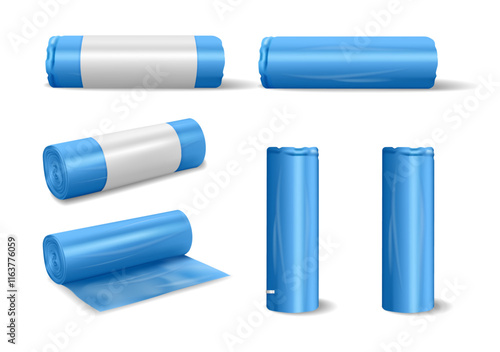 Trash bags in rolls, isolated set of realistic plastic garbage packages. Vector household wrapping for throwing away and cleaning dust. Empty packages with copy space for text or logotype